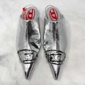 NEW Diesel D-Venus Snakeskin Metallic Metal Logo Pointed Toe Flat Mule Shoes 37